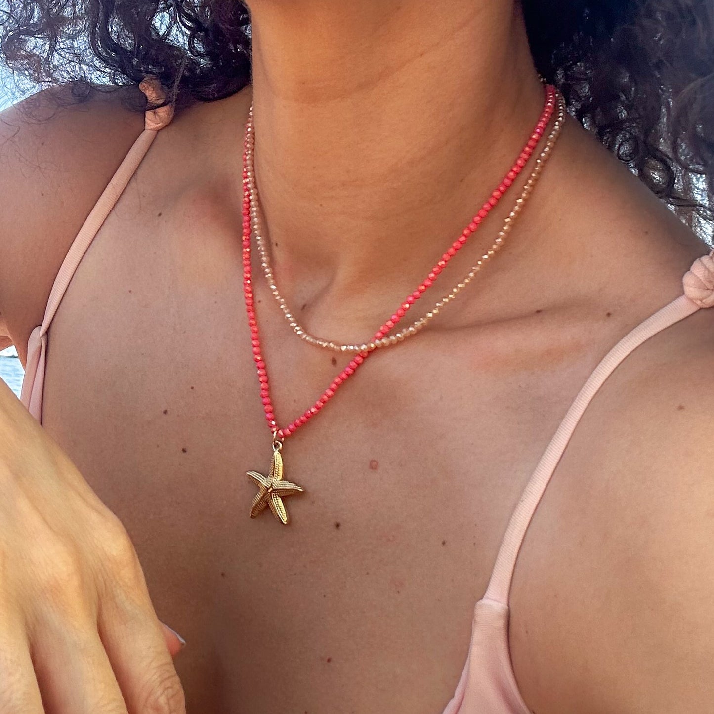 Big Starfish Salmon Pink Beaded Choker Stack