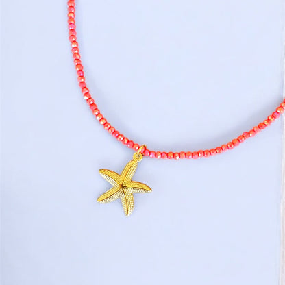 Big Starfish Salmon Pink Beaded Choker