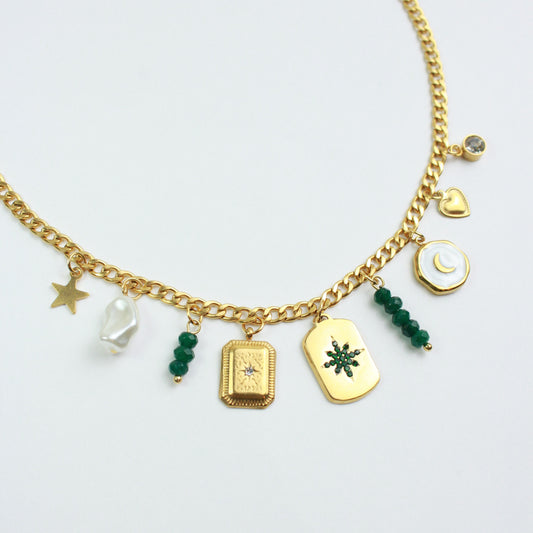 Christmas Charm Necklace Gold Green and White 1