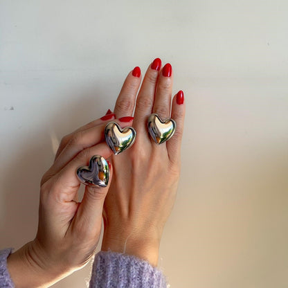 Chunky Heart Earrings and Ring Silver Valentines Jewelry Set