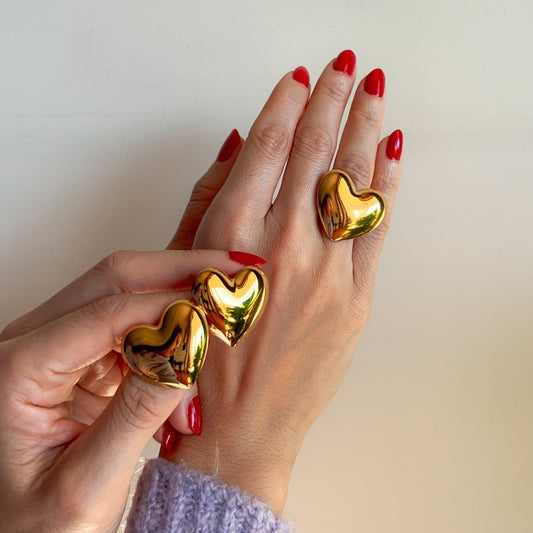 Chunky Heart Earrings and Ring Valentines Jewelry Set