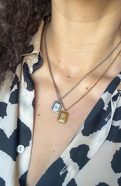 Diamond Star Plaque Dainty Necklace Silver and Gold NonTarnish