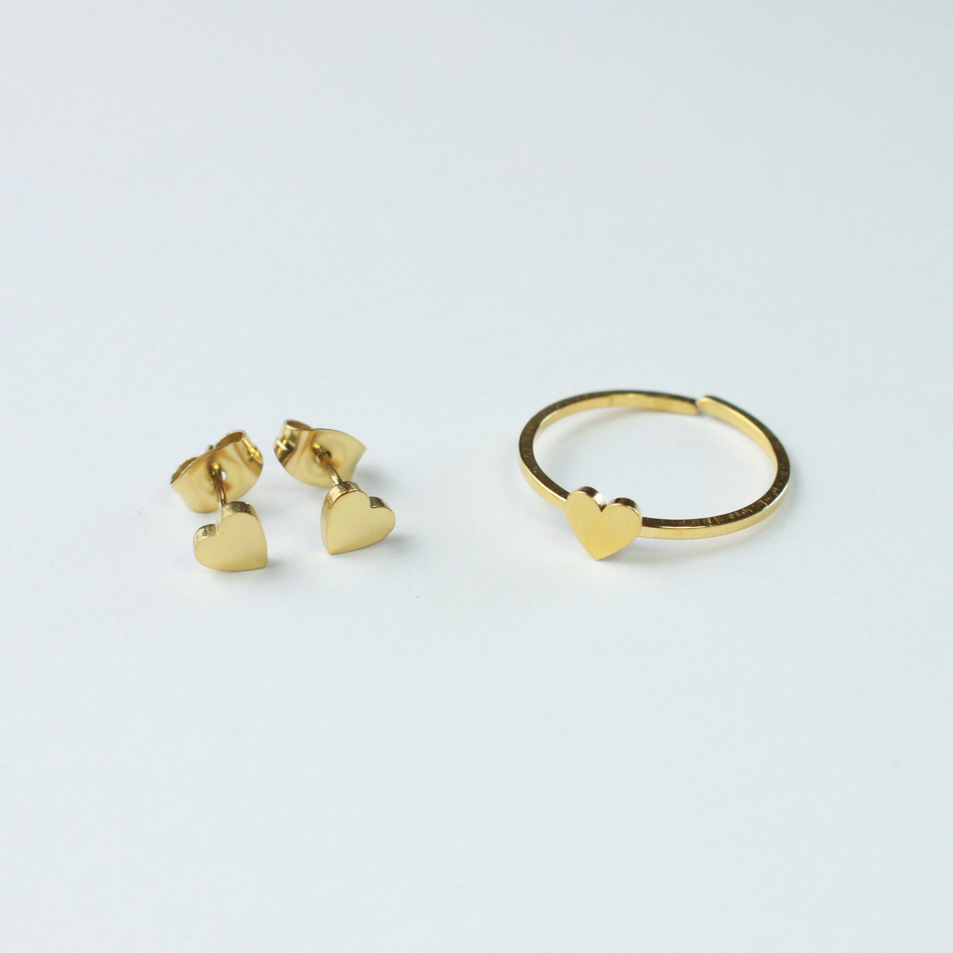 Gold Dainty Heart Ring and Earrings Jewelry Set