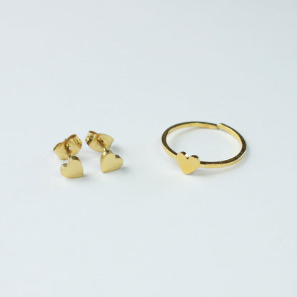 Gold Dainty Heart Ring and Earrings Jewelry Set
