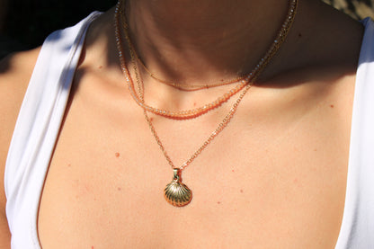 Gold Necklace Stack Pink Beads Shell Charm Satellite
