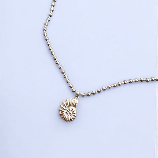 Silver Beaded Necklace Fossil Shell Charm Non Tarnish Summer