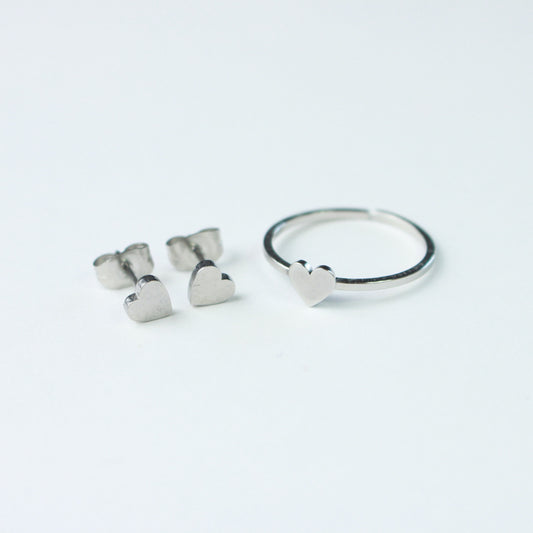 Silver Dainty Heart ring and earrings jewelry set