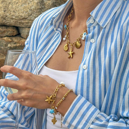 White Blue and Gold Summer Charm Necklace and Bracelet